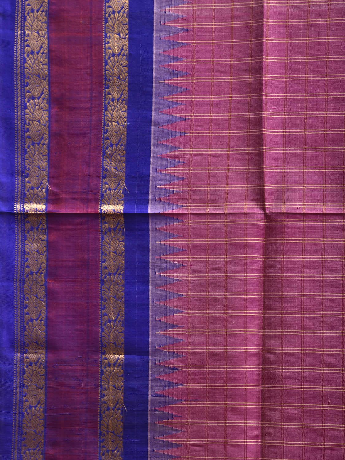 Pink and Blue Gadwal Silk Saree with Checks and Temple Border Design g0485