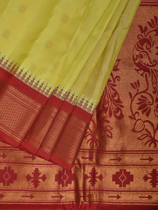 Yellow and Red Gadwal Silk Saree with Border and Peacocks Pallu Design g0488