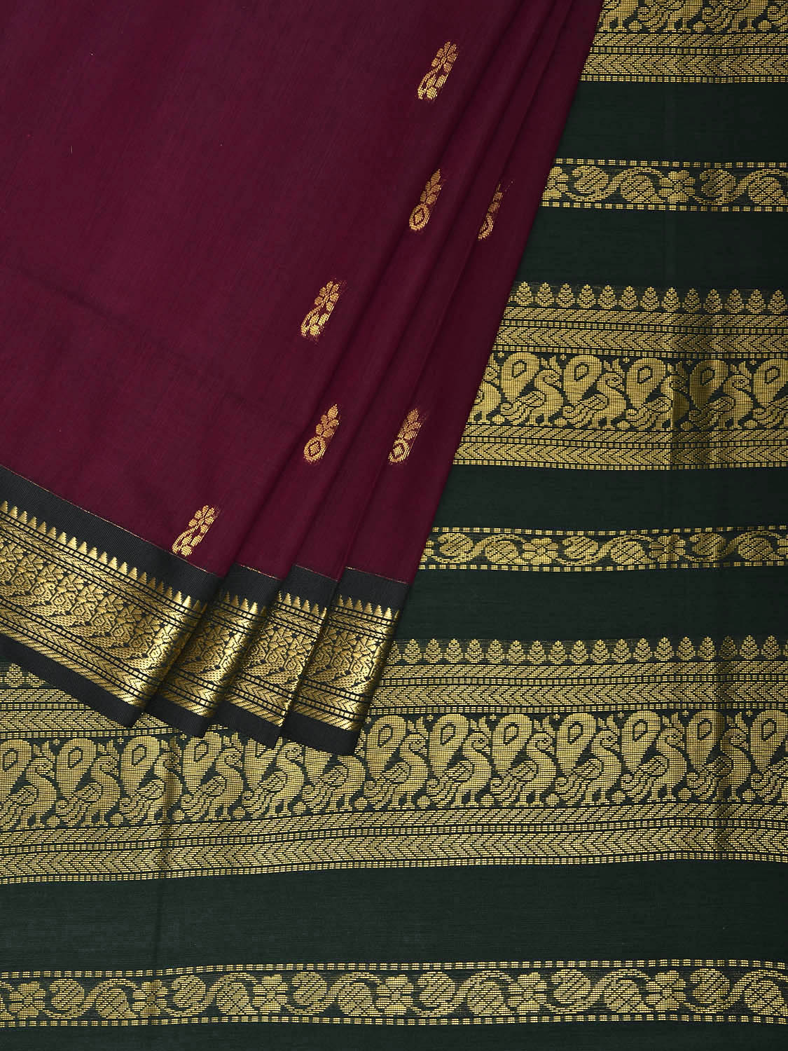 Wine and Green Gadwal Cotton Viscose Saree with Border and Pallu Design g0492