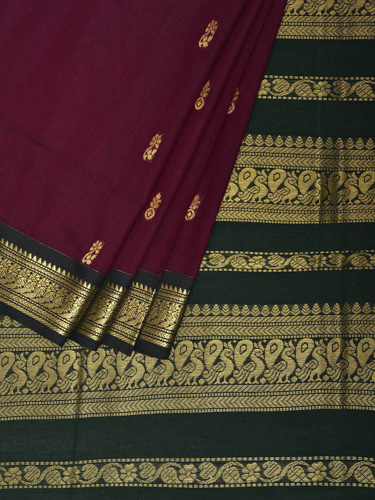 Wine and Green Gadwal Cotton Viscose Saree with Border and Pallu Design g0492