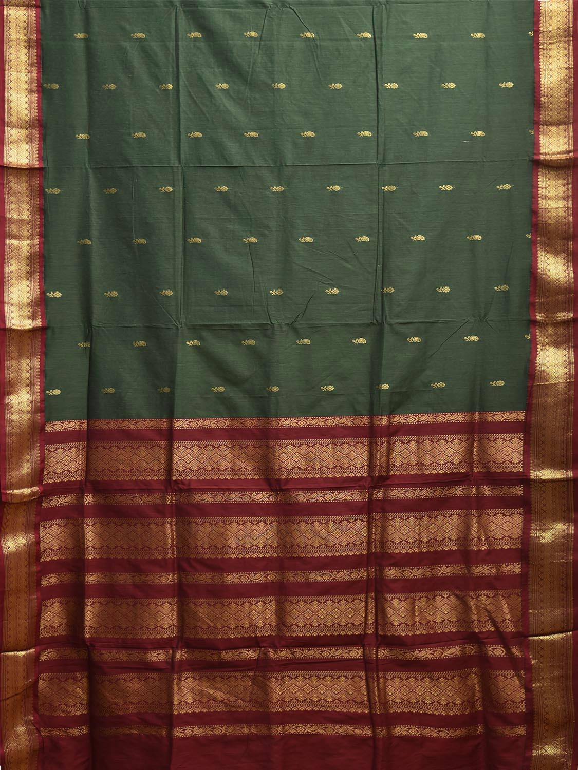 Green and Dark Red Gadwal Cotton Viscose Saree with Pallu and Border Design g0497