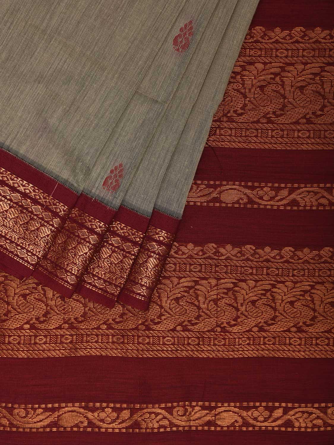 Light Grey and Dark Red Gadwal Cotton Viscose Saree with Pallu and Border Design g0498