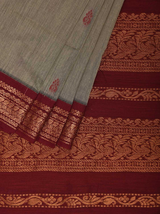 Light Grey and Dark Red Gadwal Cotton Viscose Saree with Pallu and Border Design g0498