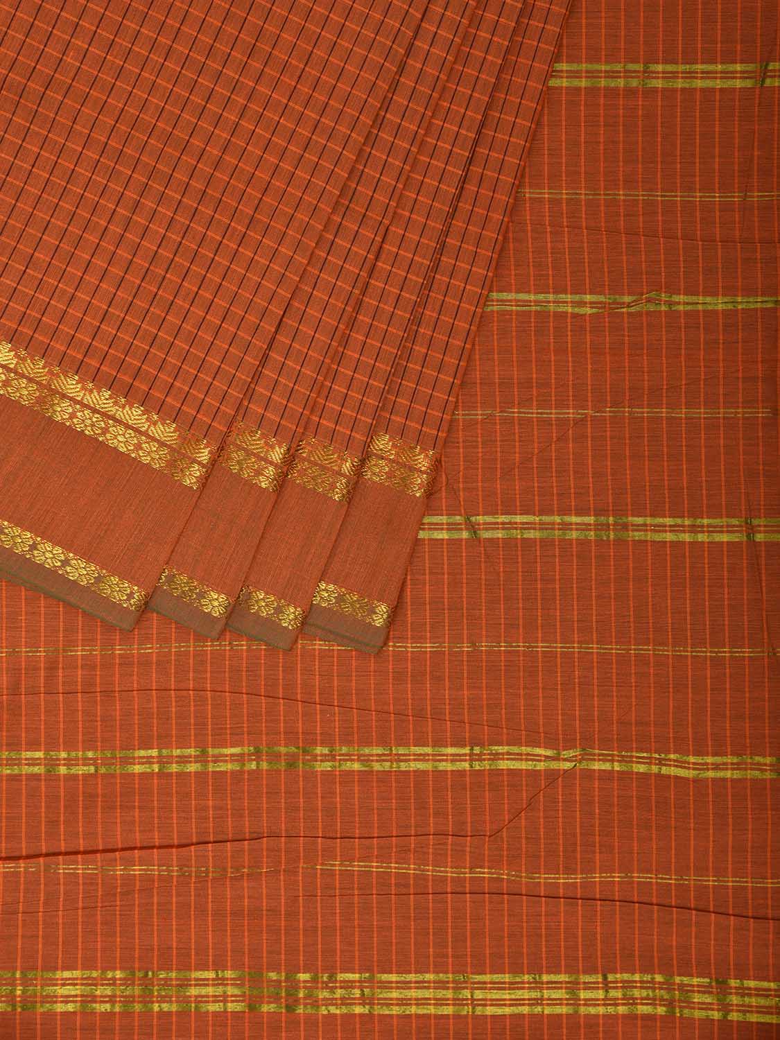 Dark Orange Gadwal Cotton Viscose Saree with Checks and Border Design g0501