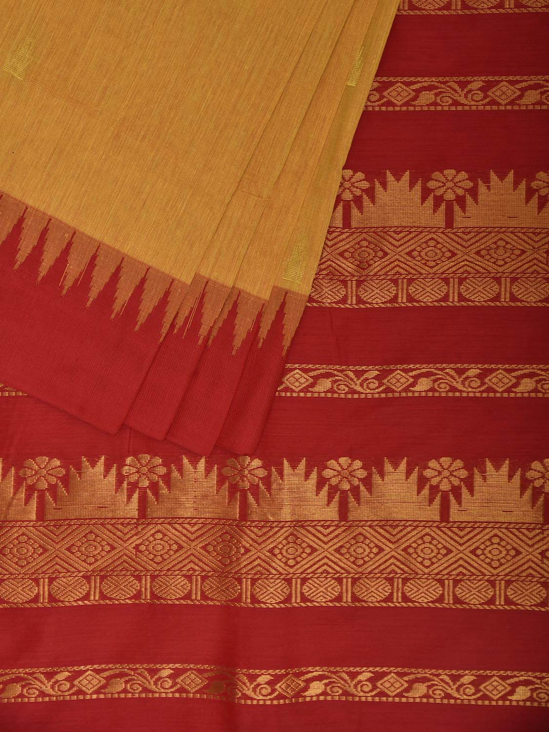 Orange and Red Gadwal Cotton Viscose Saree with Pallu and Temple Border Design No Blouse g0506