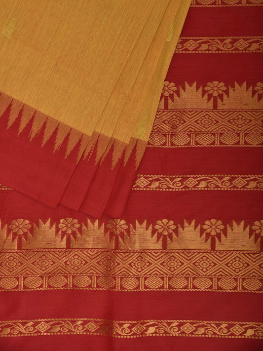 Orange and Red Gadwal Cotton Viscose Saree with Pallu and Temple Border Design No Blouse g0506