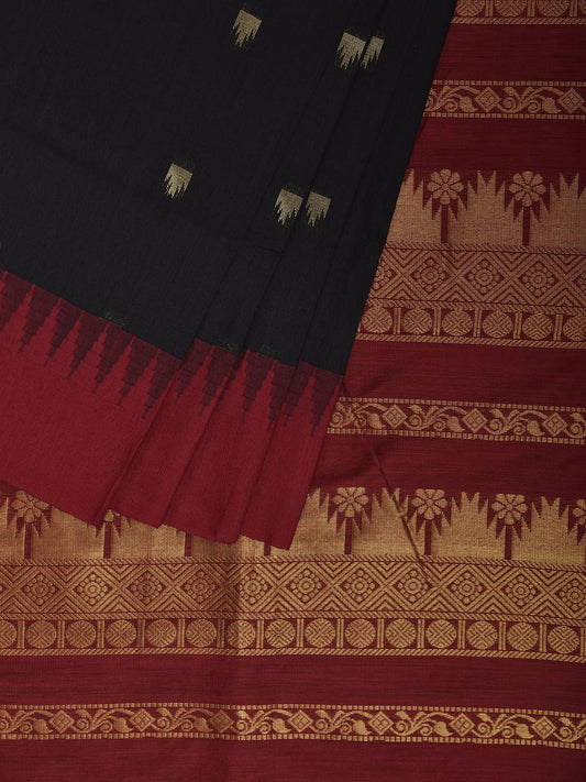 Black and Maroon Gadwal Cotton Viscose Saree with Pallu and Temple Border Design No Blouse g0508