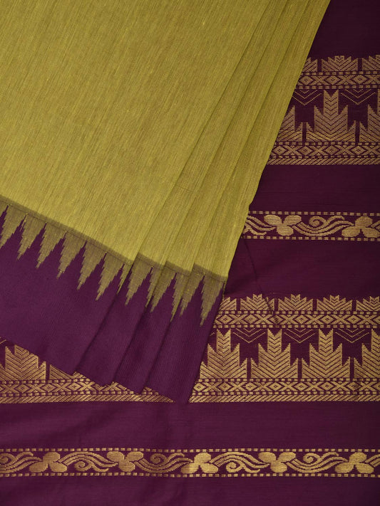 Light Green and Purple Gadwal Cotton Viscose Saree with Pallu and Temple Border Design No Blouse g0509