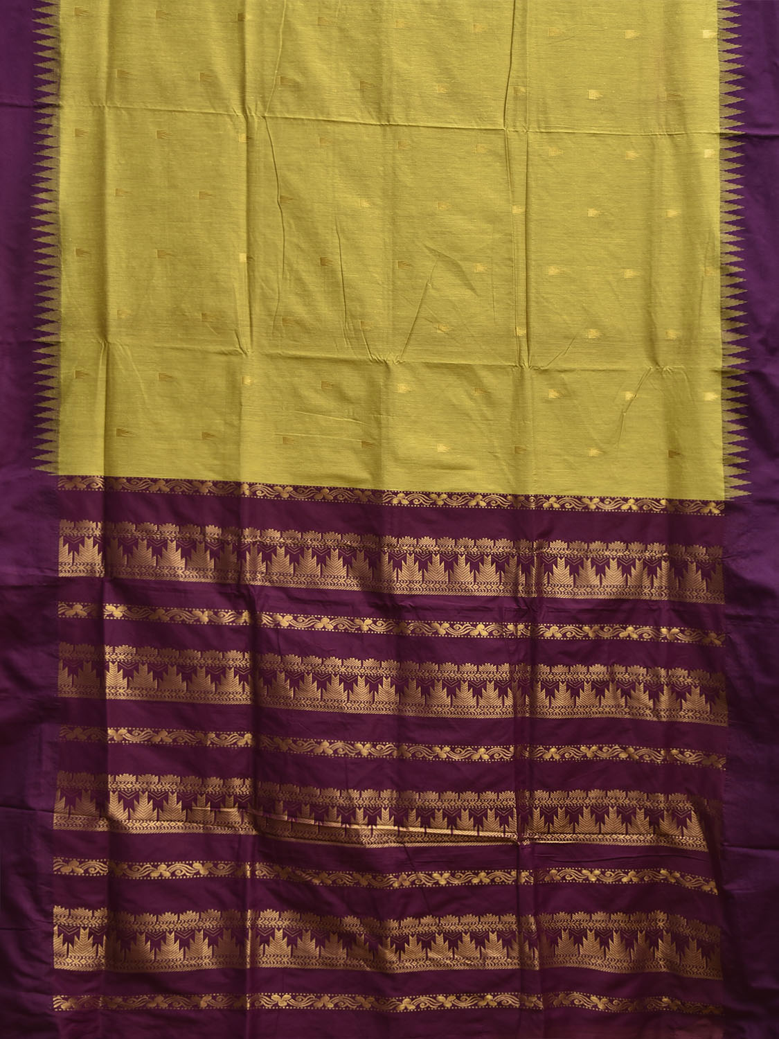 Light Green and Purple Gadwal Cotton Viscose Saree with Pallu and Temple Border Design No Blouse g0509