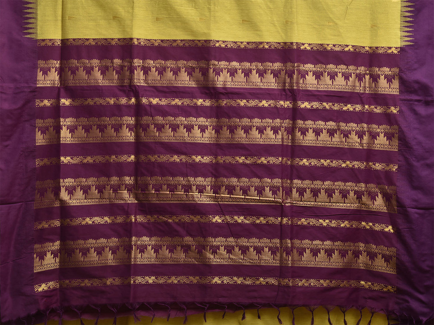Light Green and Purple Gadwal Cotton Viscose Saree with Pallu and Temple Border Design No Blouse g0509