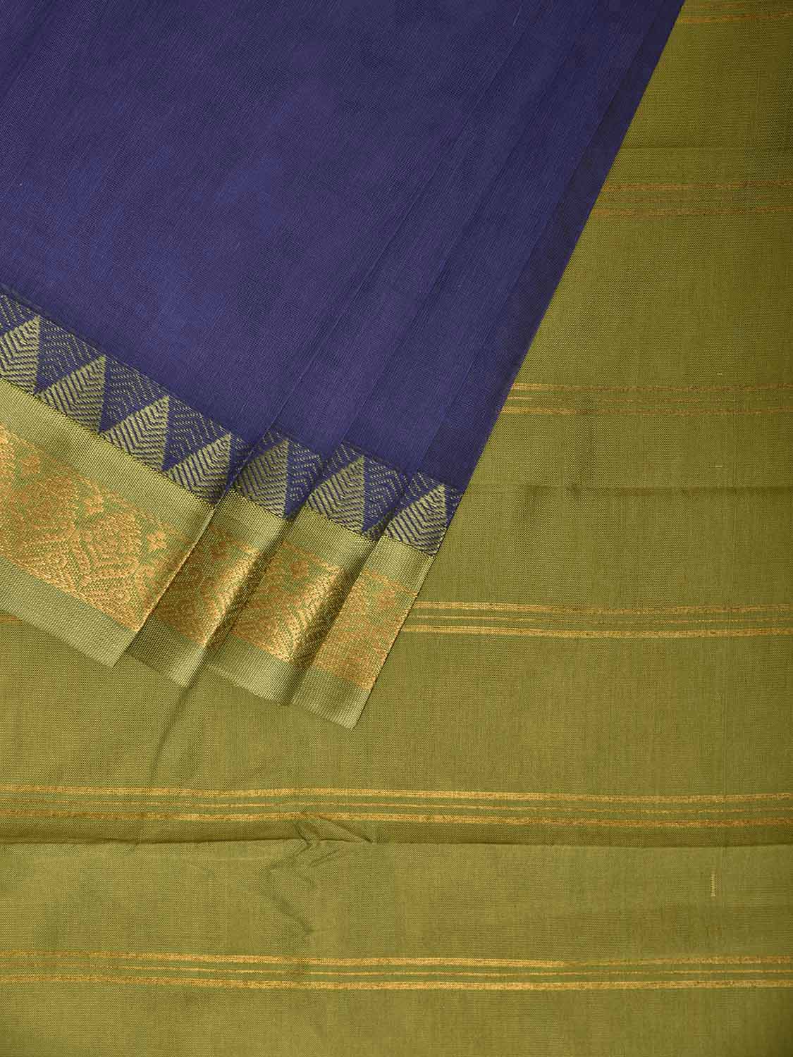 Indigo and Green Gadwal Cotton Viscose Plain Saree with Contrast Pallu Design No Blouse g0512