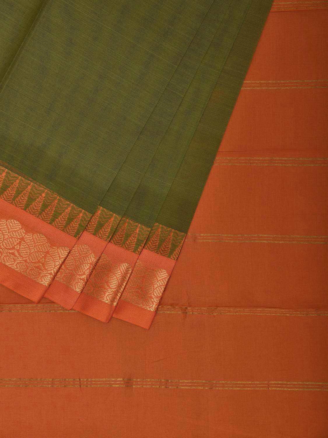 Green and Orange Gadwal Cotton Viscose Plain Saree with Contrast Pallu Design No Blouse g0515