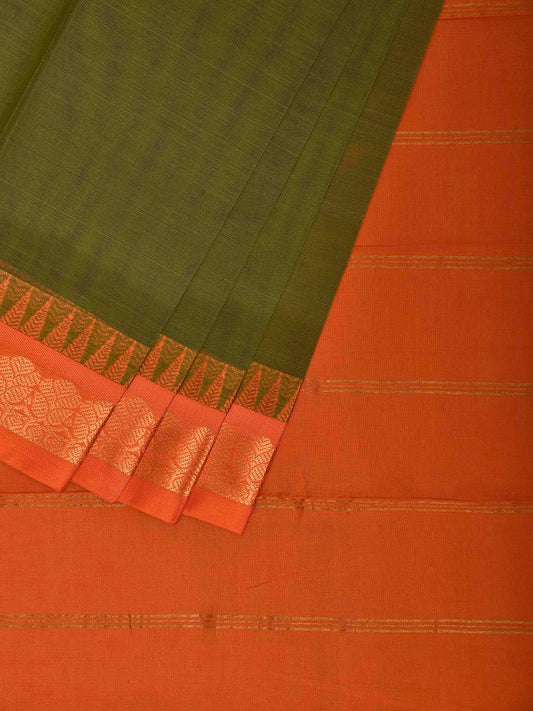 Green and Orange Gadwal Cotton Viscose Plain Saree with Contrast Pallu Design No Blouse g0515