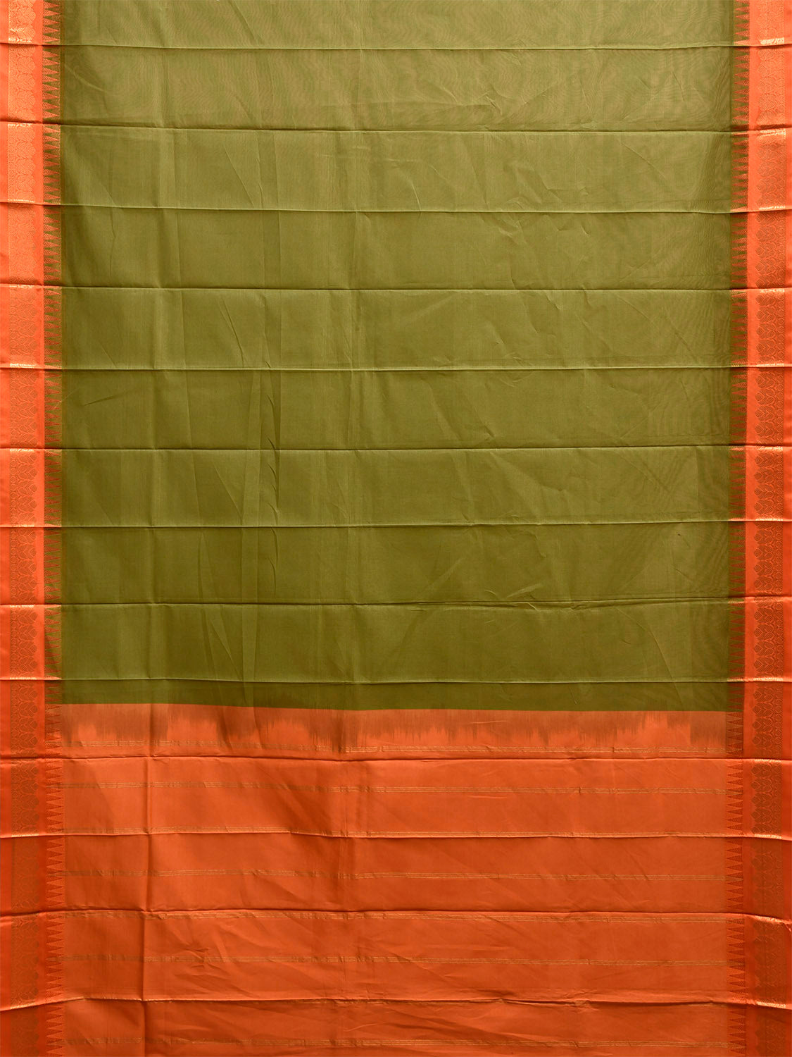 Green and Orange Gadwal Cotton Viscose Plain Saree with Contrast Pallu Design No Blouse g0515