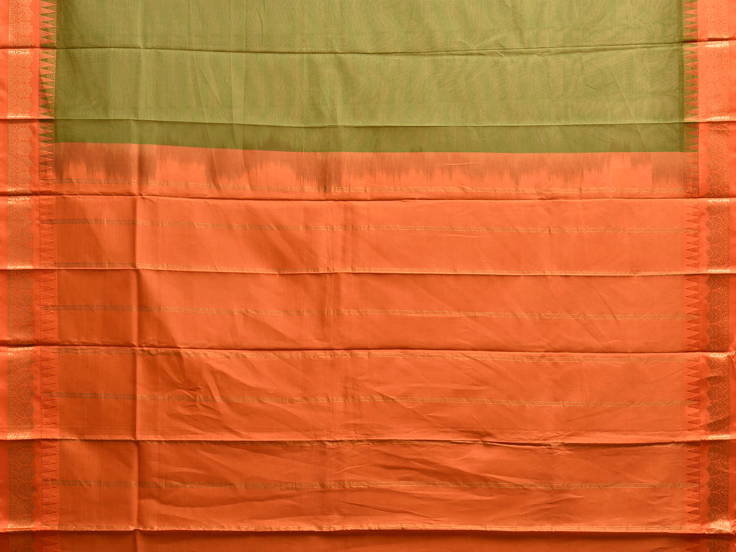 Green and Orange Gadwal Cotton Viscose Plain Saree with Contrast Pallu Design No Blouse g0515