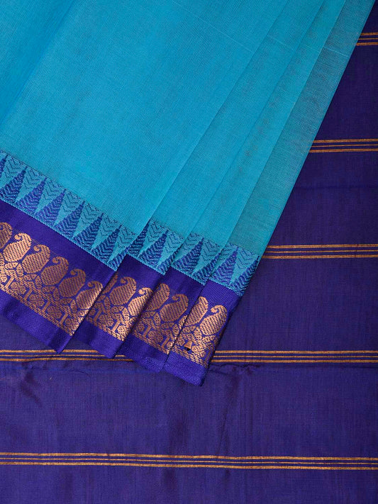 Light Blue and Blue Gadwal Cotton Viscose Plain Saree with Contrast Pallu Design No Blouse g0516