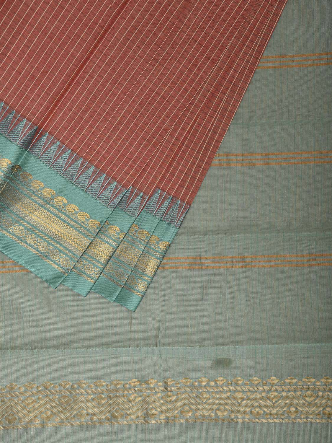Fawn and Turquoise Gadwal Cotton Viscose Saree with Checks and Contrast Pallu Design No Blouse g0520