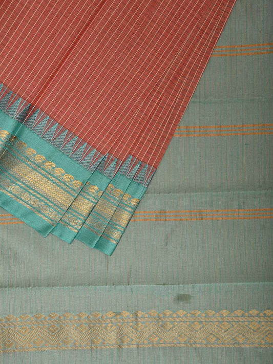Fawn and Turquoise Gadwal Cotton Viscose Saree with Checks and Contrast Pallu Design No Blouse g0520