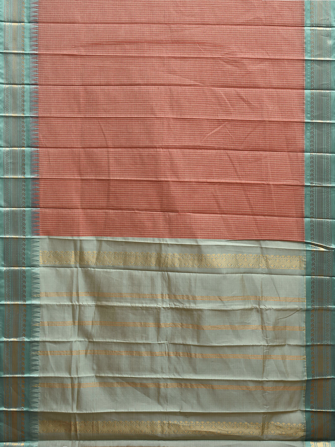 Fawn and Turquoise Gadwal Cotton Viscose Saree with Checks and Contrast Pallu Design No Blouse g0520