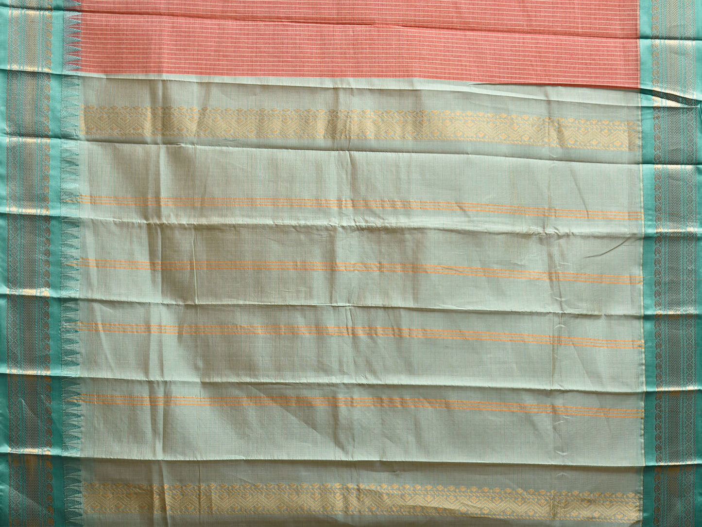 Fawn and Turquoise Gadwal Cotton Viscose Saree with Checks and Contrast Pallu Design No Blouse g0520