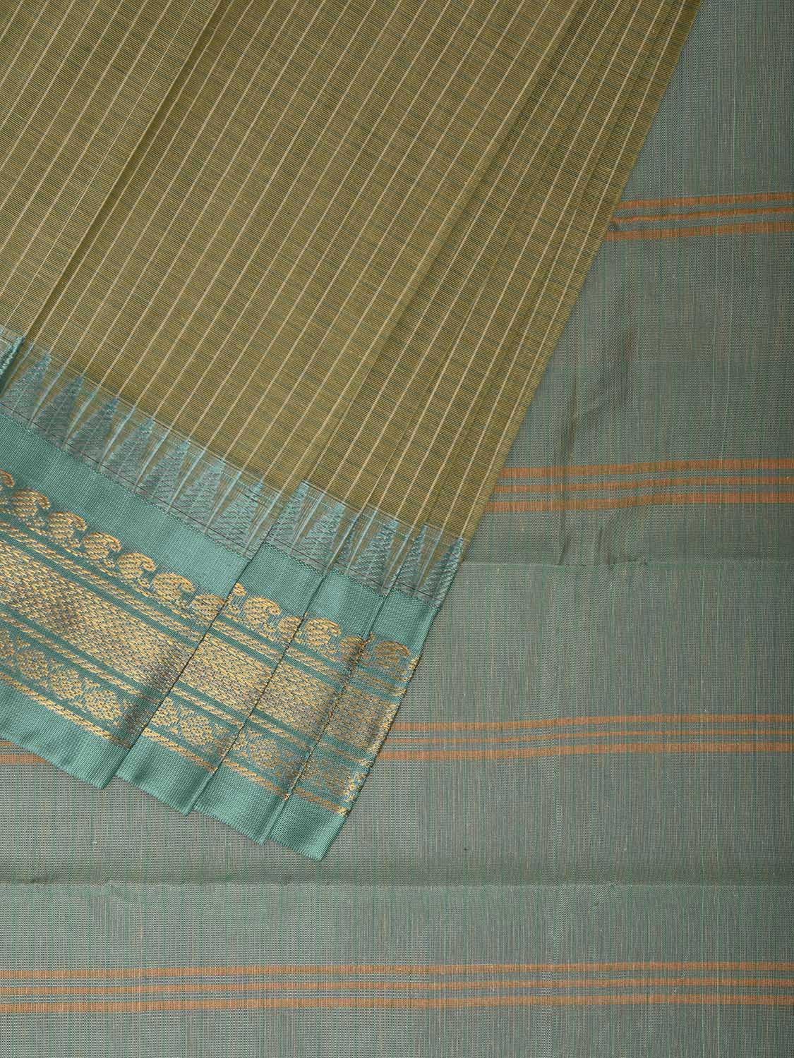 Light Green and Turquoise Gadwal Cotton Viscose Saree with Checks and Contrast Pallu Design No Blouse g0521