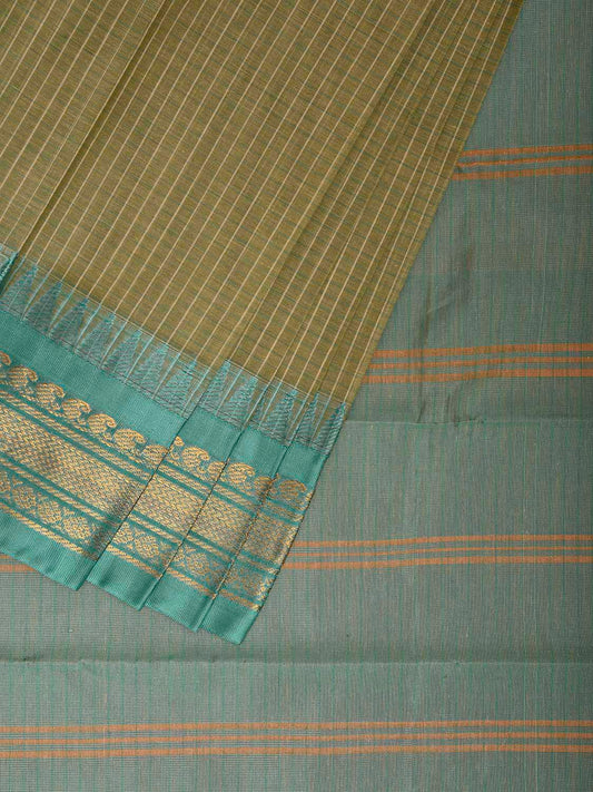 Light Green and Turquoise Gadwal Cotton Viscose Saree with Checks and Contrast Pallu Design No Blouse g0521