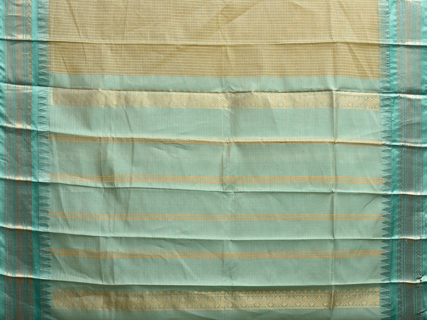 Light Green and Turquoise Gadwal Cotton Viscose Saree with Checks and Contrast Pallu Design No Blouse g0521