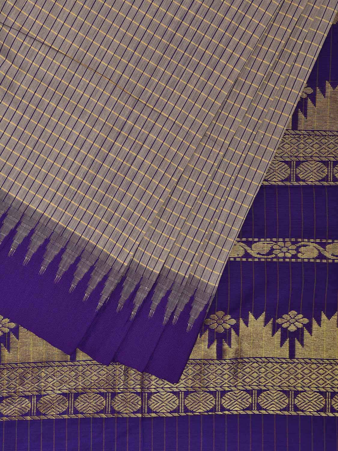 Light Grey and Indigo Gadwal Cotton Viscose Saree with Checks and Pallu Design g0522