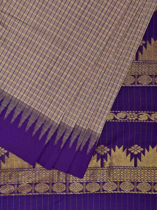 Light Grey and Indigo Gadwal Cotton Viscose Saree with Checks and Pallu Design g0522