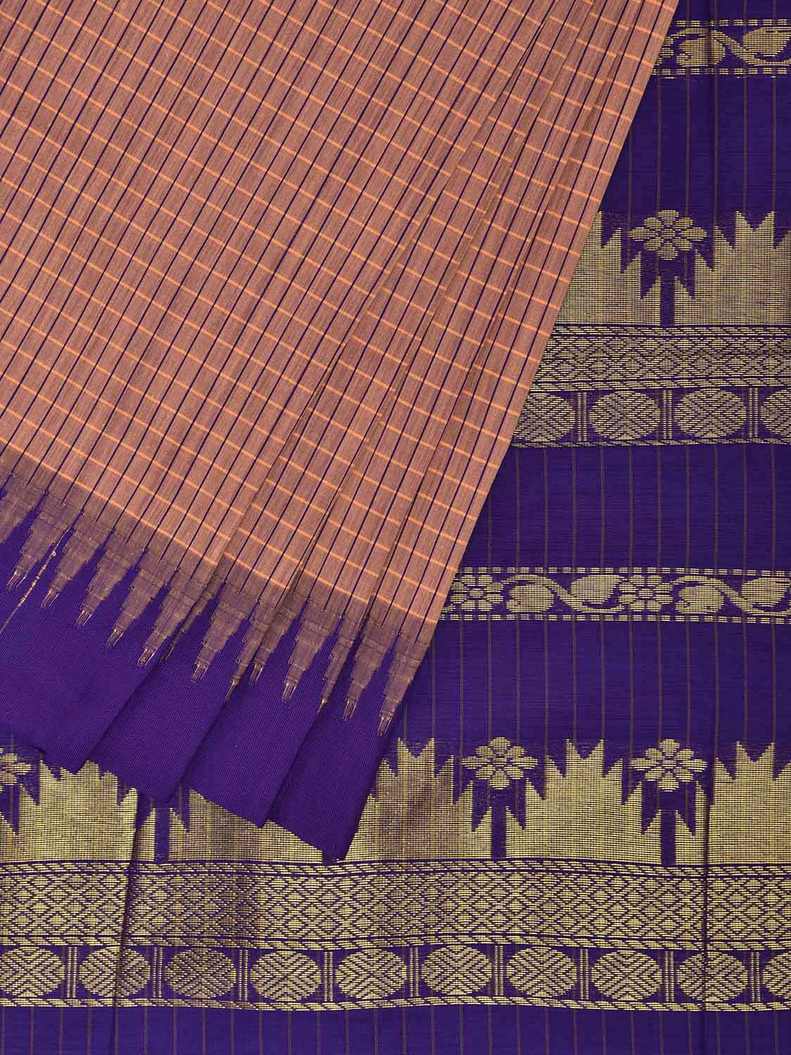 Light Peach and Indigo Gadwal Cotton Viscose Saree with Checks and Pallu Design g0523