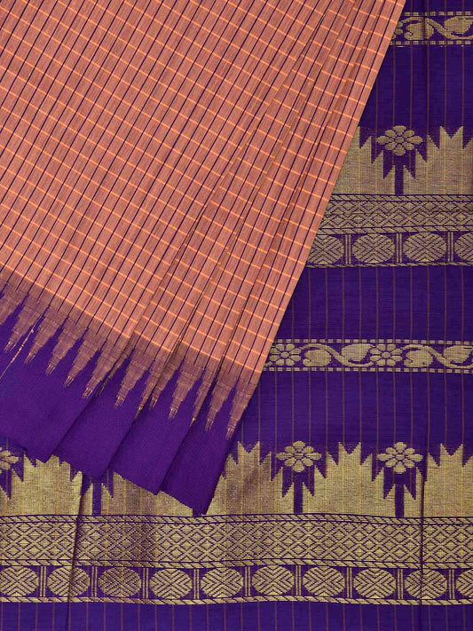 Light Peach and Indigo Gadwal Cotton Viscose Saree with Checks and Pallu Design g0523
