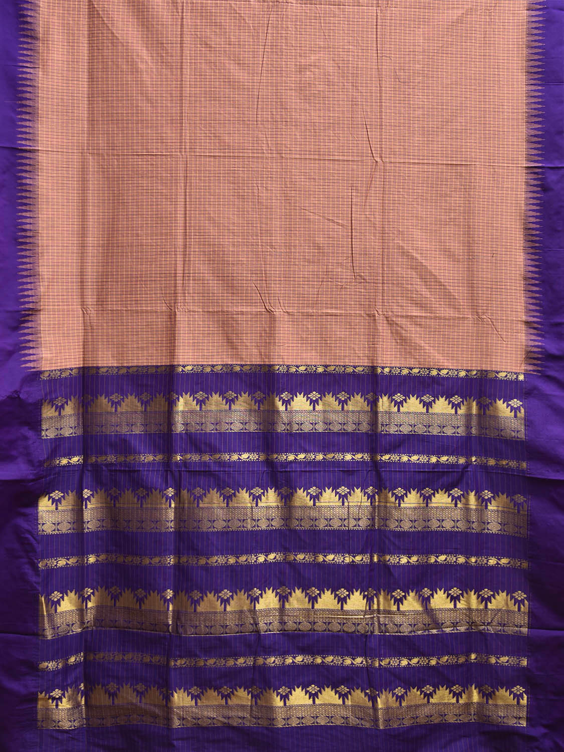 Light Peach and Indigo Gadwal Cotton Viscose Saree with Checks and Pallu Design g0523