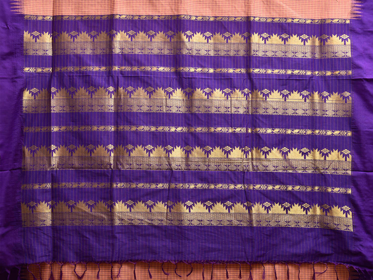 Light Peach and Indigo Gadwal Cotton Viscose Saree with Checks and Pallu Design g0523