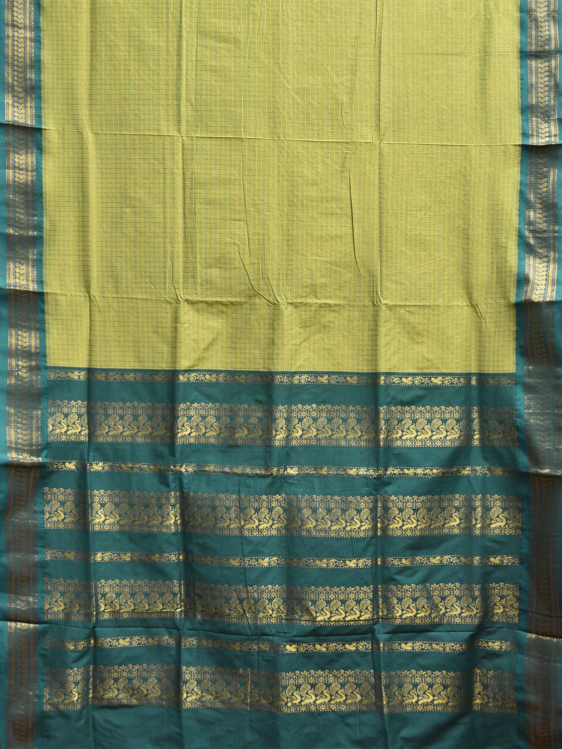Green and Teal Gadwal Cotton Viscose Saree with Checks and Pallu Design g0525