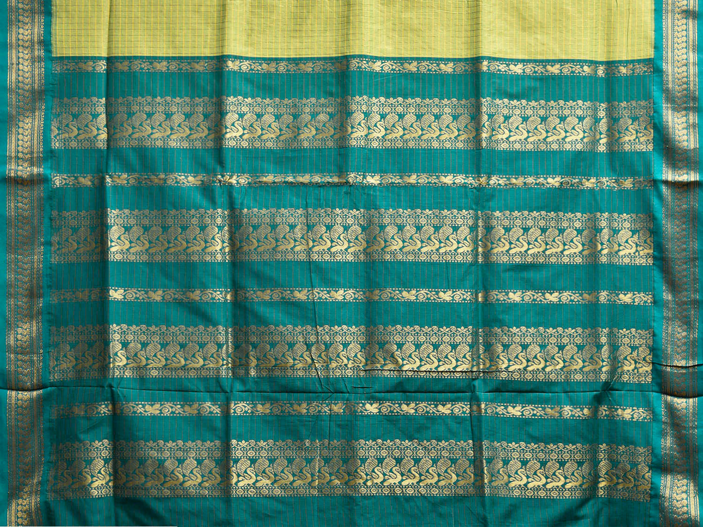 Green and Teal Gadwal Cotton Viscose Saree with Checks and Pallu Design g0525