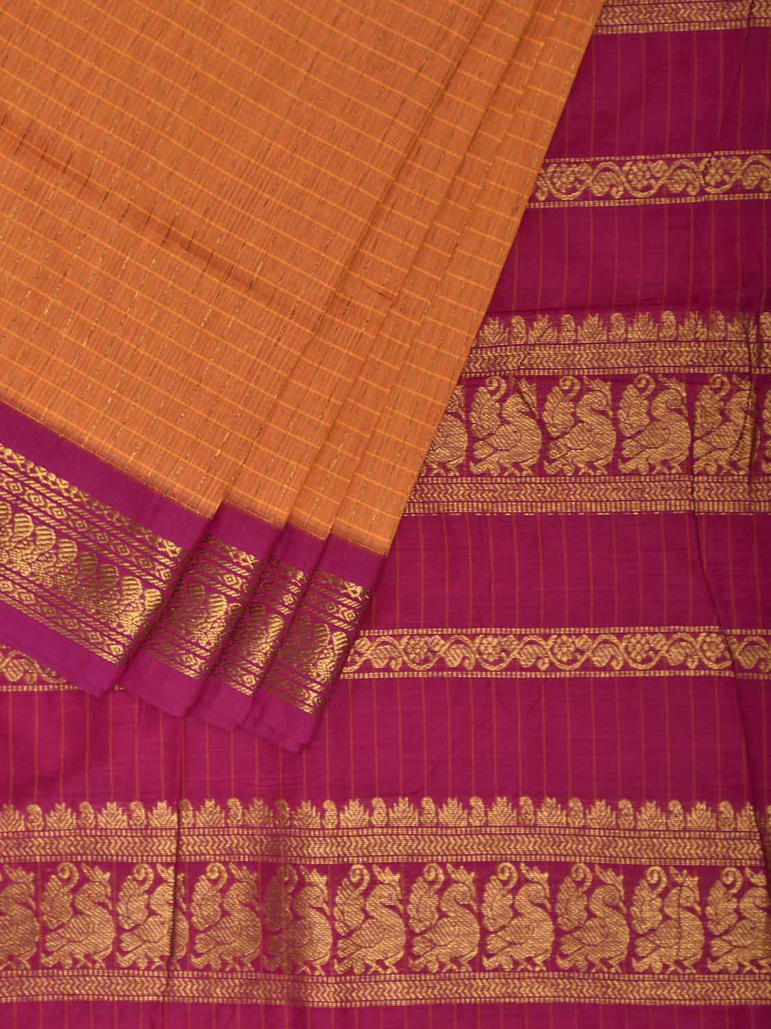 Orange and Pink Gadwal Cotton Viscose Saree with Checks and Pallu Design g0526
