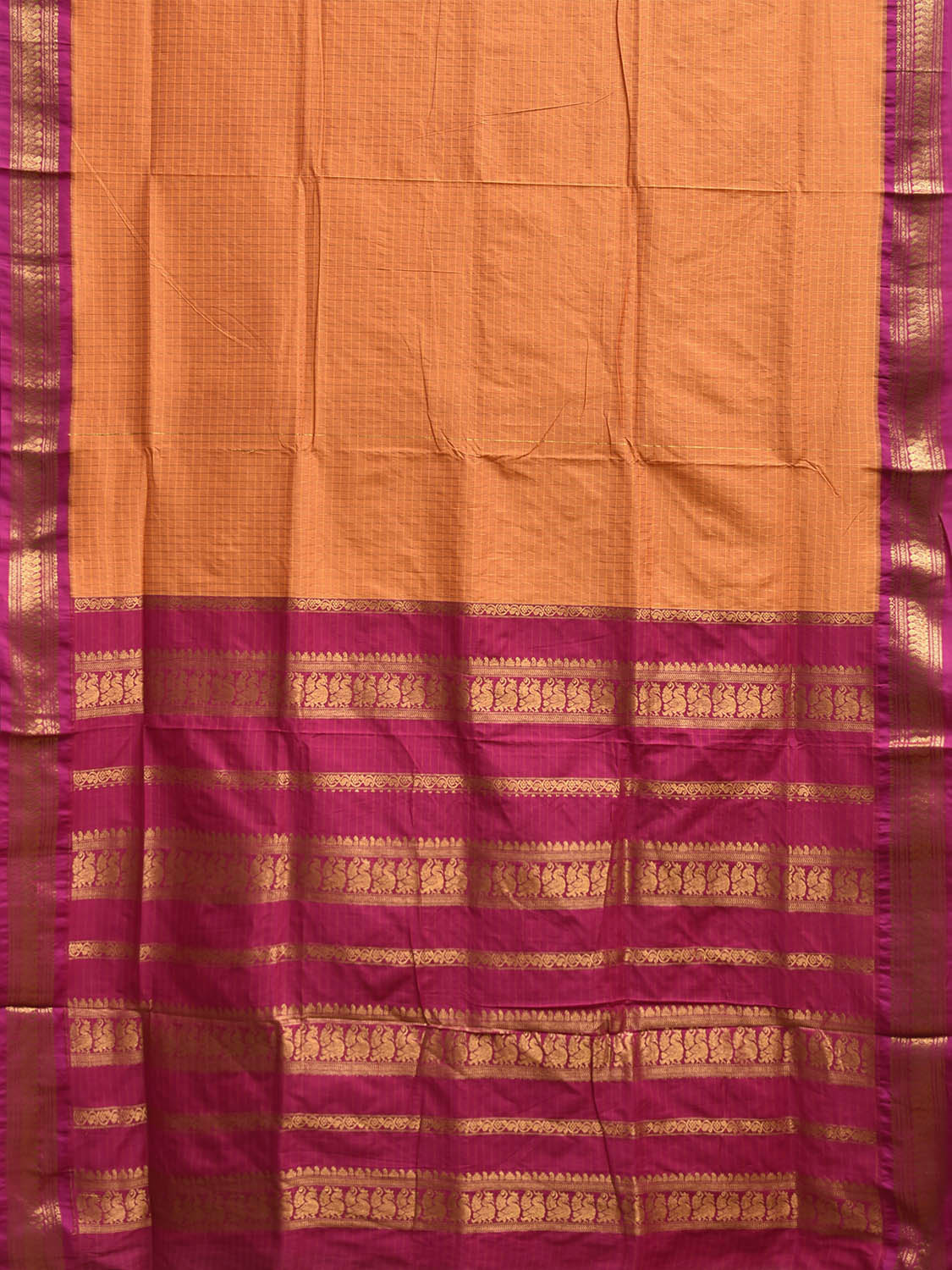 Orange and Pink Gadwal Cotton Viscose Saree with Checks and Pallu Design g0526