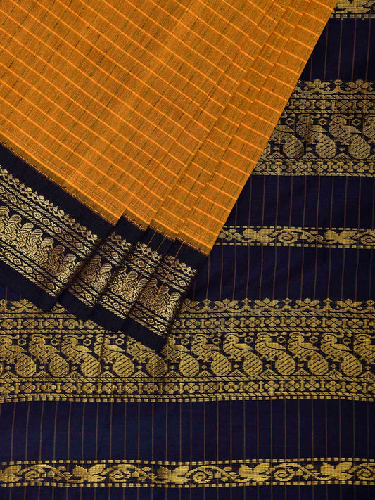 Yellow and Navy Gadwal Cotton Viscose Saree with Checks and Pallu Design g0528