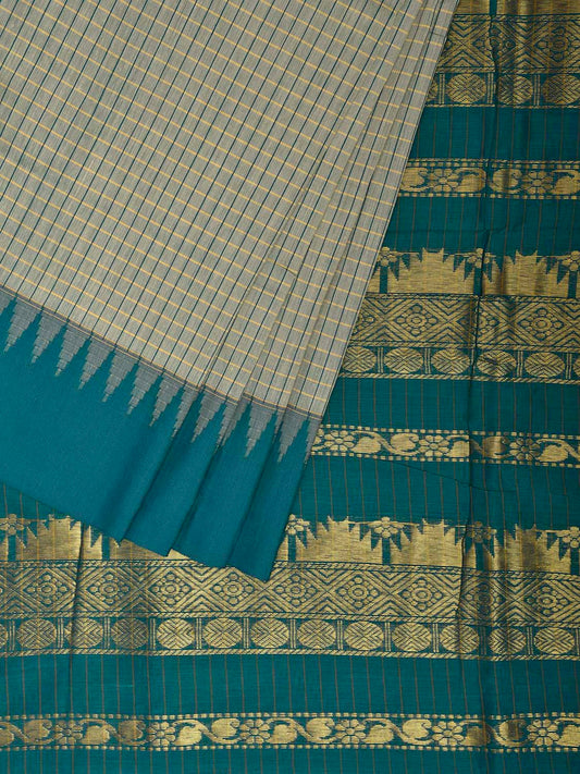 Sea Green and Teal Gadwal Cotton Viscose Saree with Checks and Pallu Design g0529