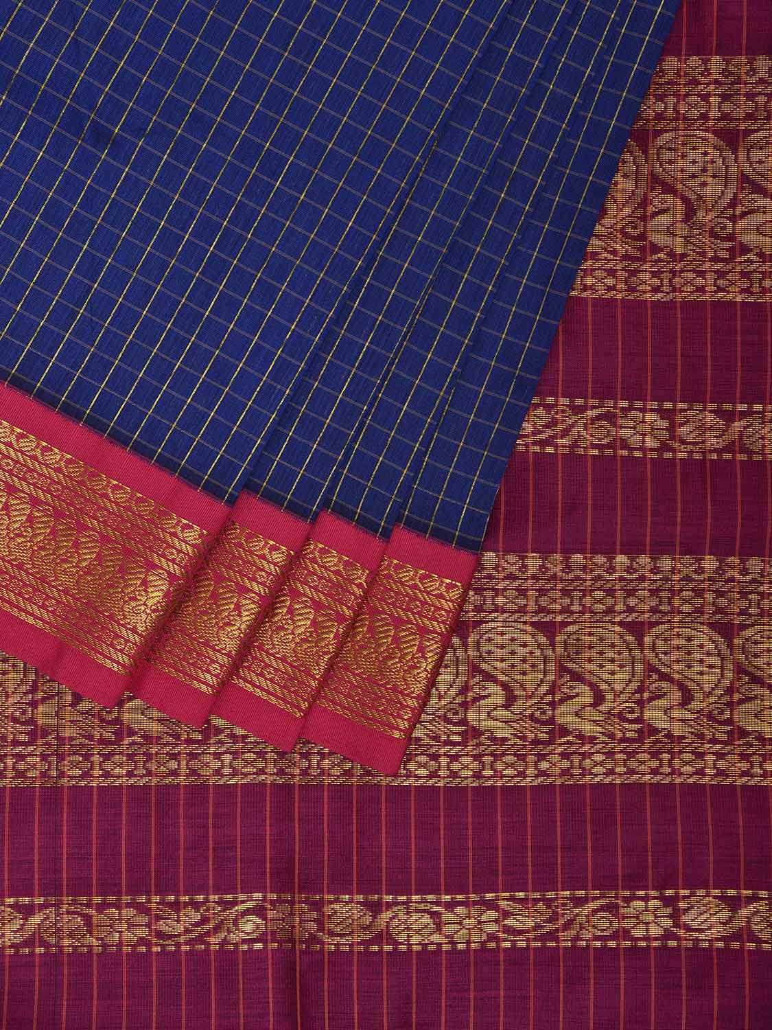 Dark Blue and Purple Gadwal Cotton Viscose Saree with Checks and Pallu Design g0530