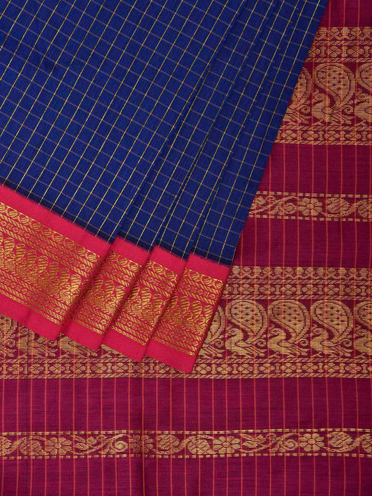 Dark Blue and Purple Gadwal Cotton Viscose Saree with Checks and Pallu Design g0530