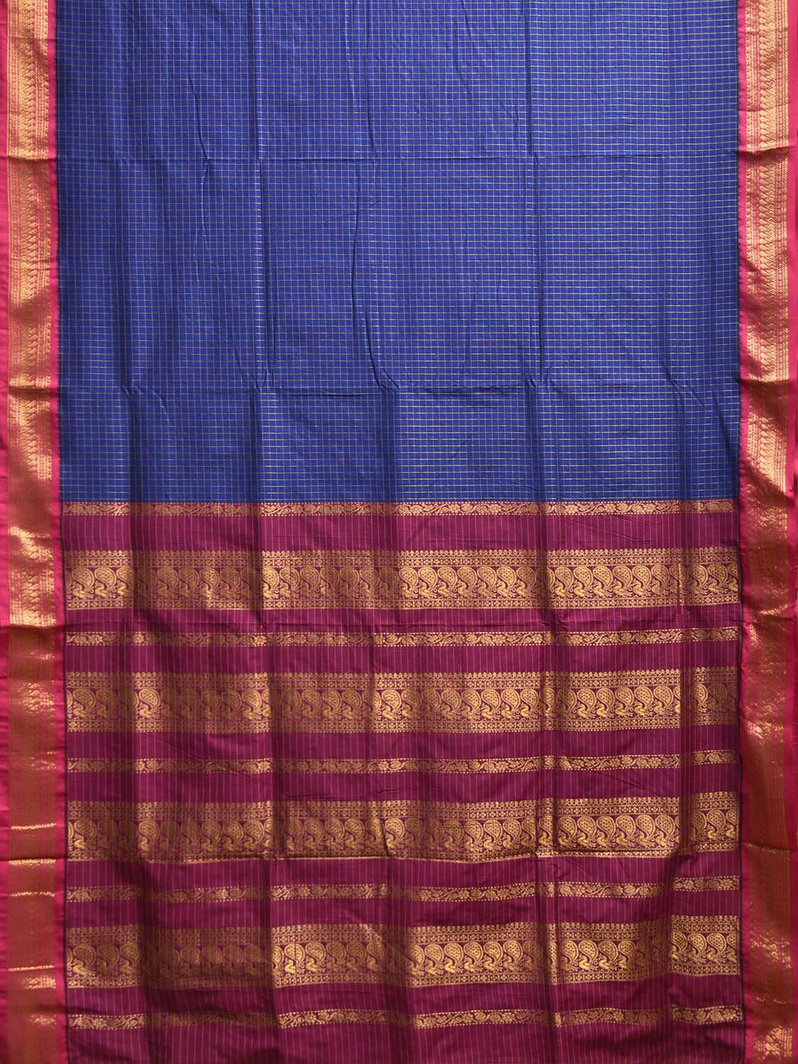 Dark Blue and Purple Gadwal Cotton Viscose Saree with Checks and Pallu Design g0530