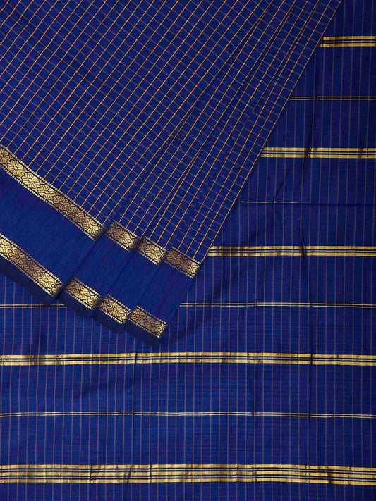 Dark Blue Gadwal Cotton Viscose Saree with Checks and Strips Pallu Design g0532