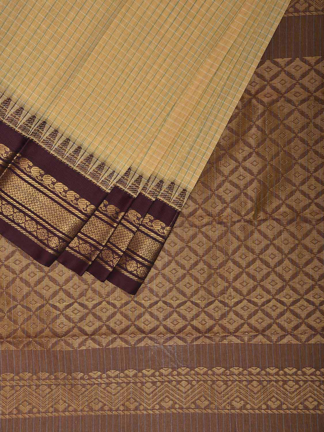 Light Yellow and Brown Gadwal Cotton Viscose Saree with Checks and Pallu Design No Blouse g0537