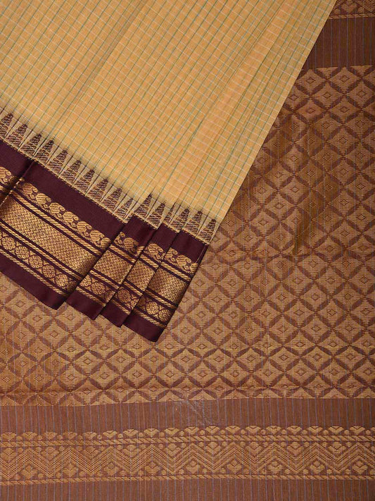 Light Yellow and Brown Gadwal Cotton Viscose Saree with Checks and Pallu Design No Blouse g0537