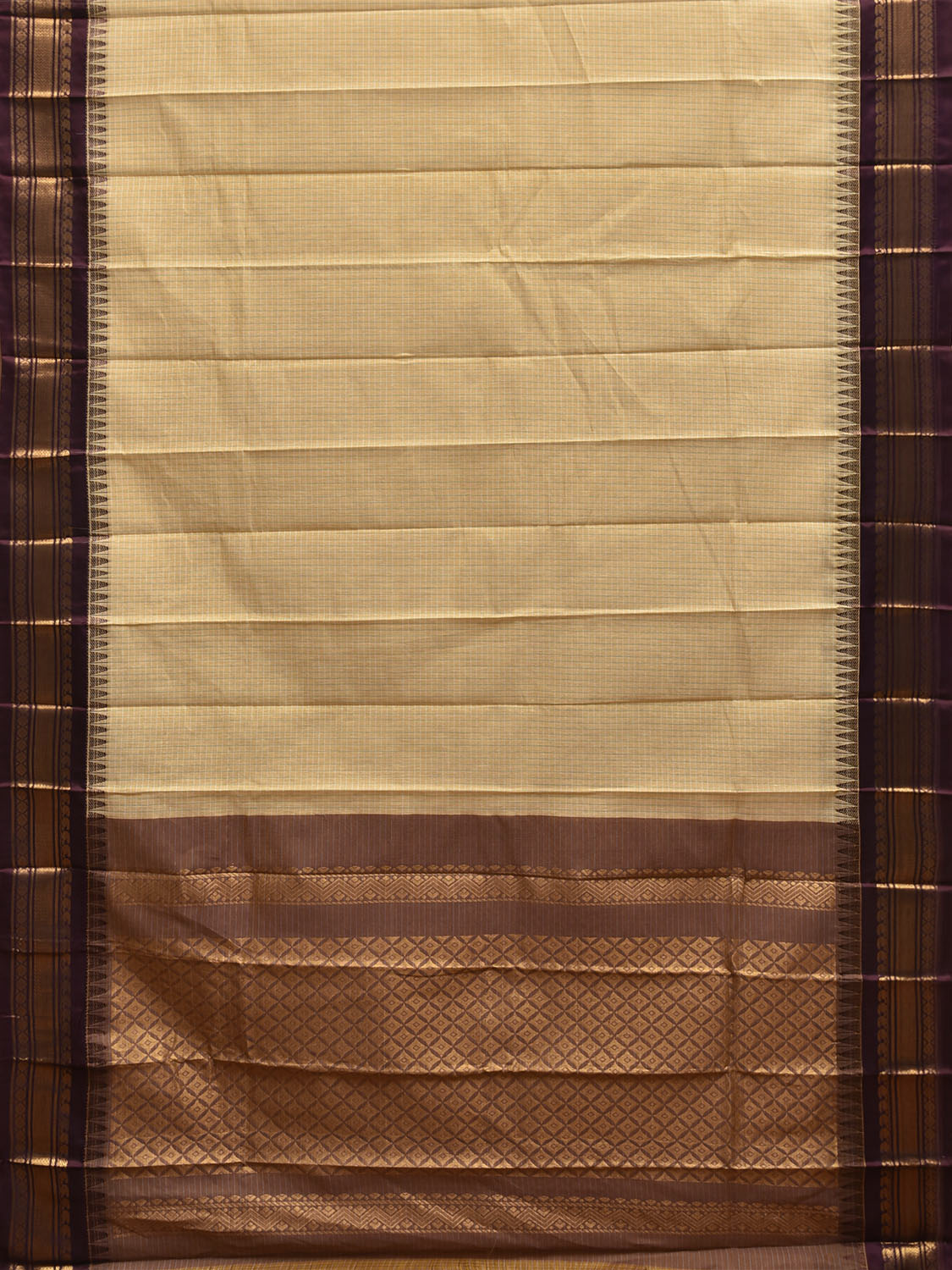 Light Yellow and Brown Gadwal Cotton Viscose Saree with Checks and Pallu Design No Blouse g0537