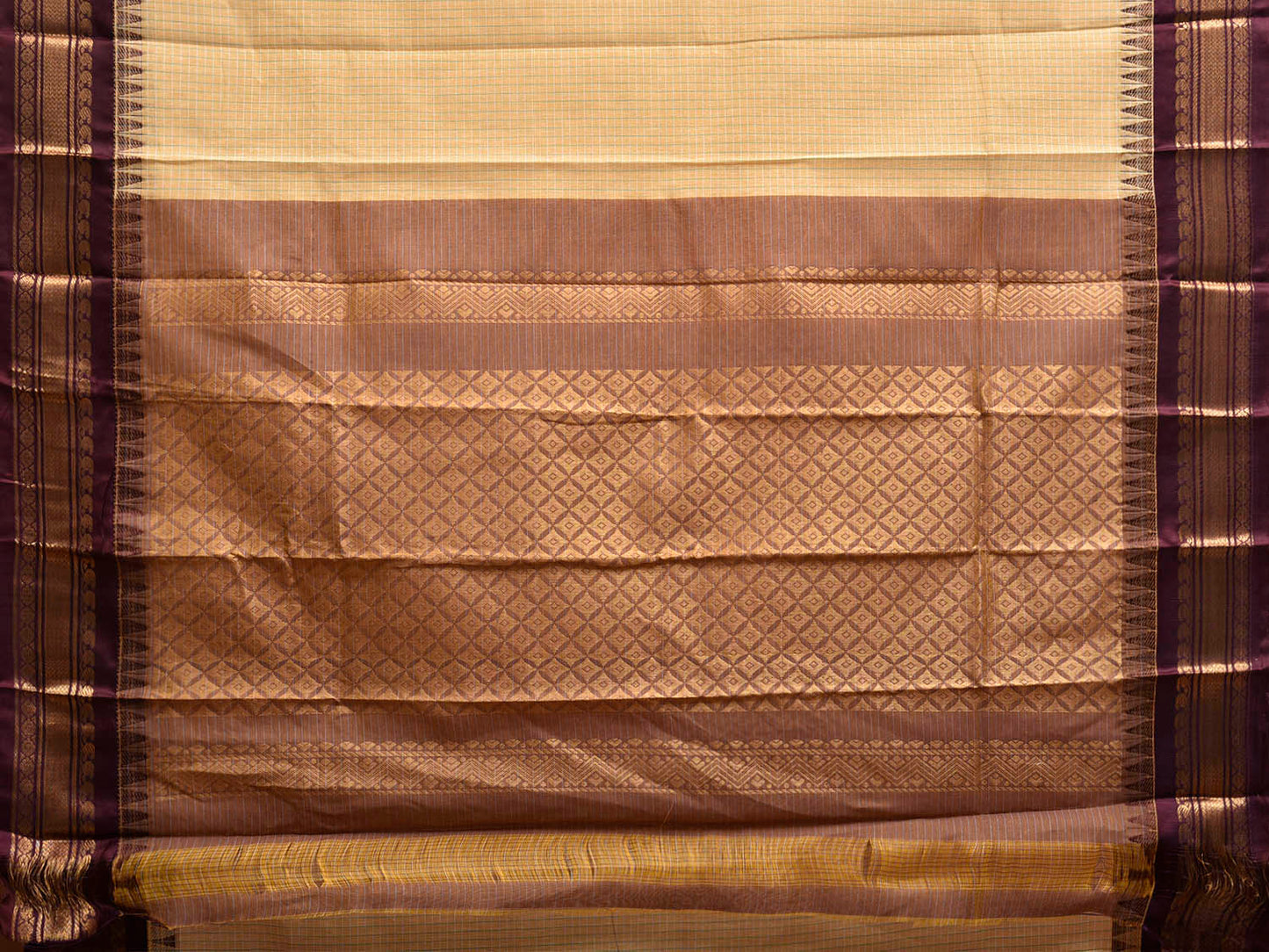 Light Yellow and Brown Gadwal Cotton Viscose Saree with Checks and Pallu Design No Blouse g0537