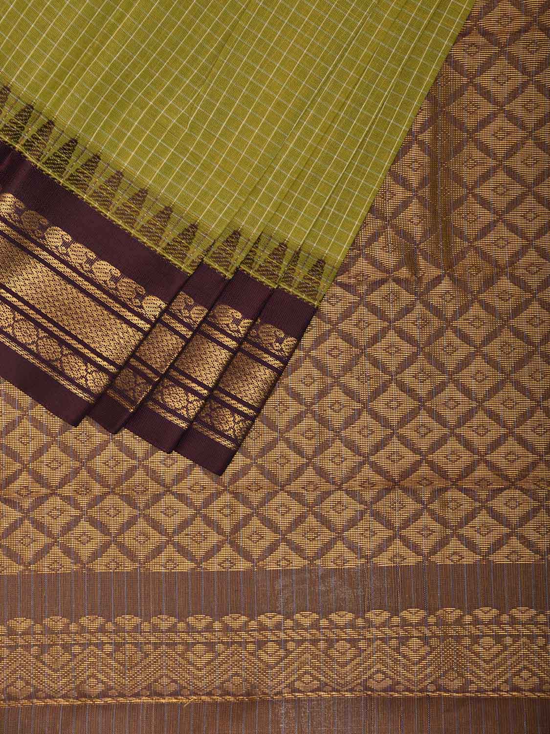 Green and Brown Gadwal Cotton Viscose Saree with Checks and Pallu Design No Blouse g0538
