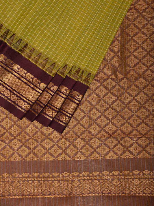 Green and Brown Gadwal Cotton Viscose Saree with Checks and Pallu Design No Blouse g0538