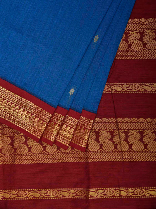 Blue and Maroon Gadwal Cotton Viscose Saree with Border and Pallu Design g0540